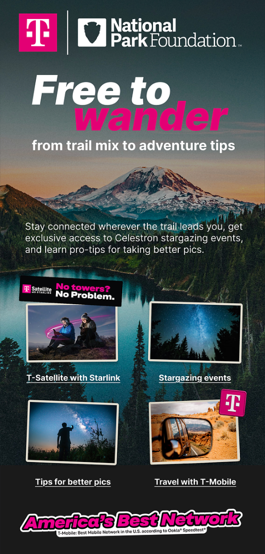 Free to Wander landing artwork with T-Satellite, stargazing, photo tips, and travel options.